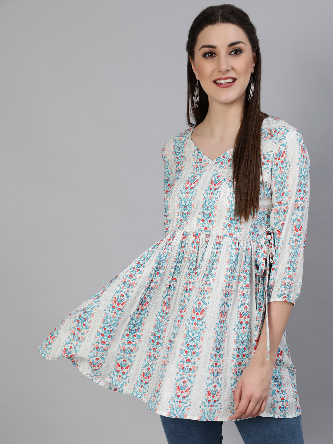 Rayon Printed Flared 3/4 Sleeve Round Neck Short Top