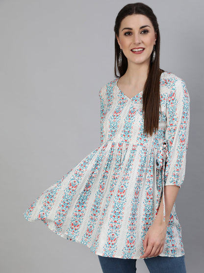 Rayon Printed Flared 3/4 Sleeve Round Neck Short Top