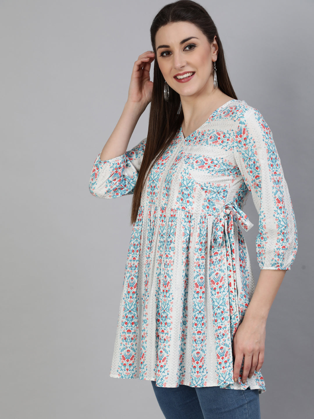 Rayon Printed Flared 3/4 Sleeve Round Neck Short Top
