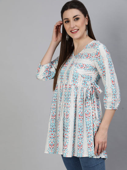 Rayon Printed Flared 3/4 Sleeve Round Neck Short Top