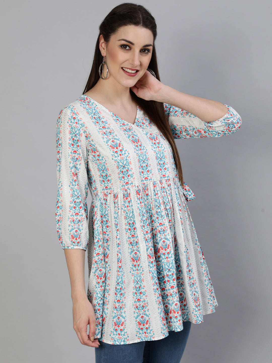 Rayon Printed Flared 3/4 Sleeve Round Neck Short Top