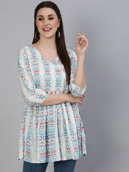 Rayon Printed Flared 3/4 Sleeve Round Neck Short Top