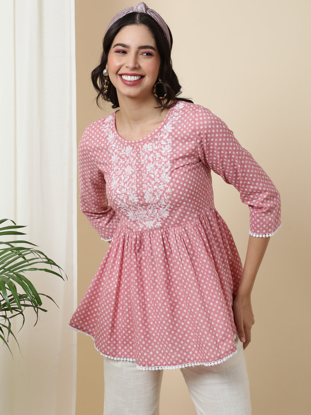 Cotton  Short Length Length Printed  3/4 Sleeve Round  Top