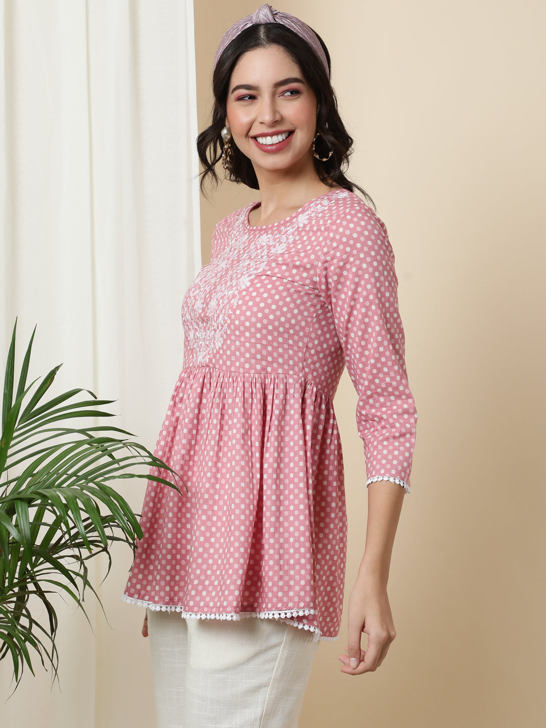 Cotton  Short Length Length Printed  3/4 Sleeve Round  Top