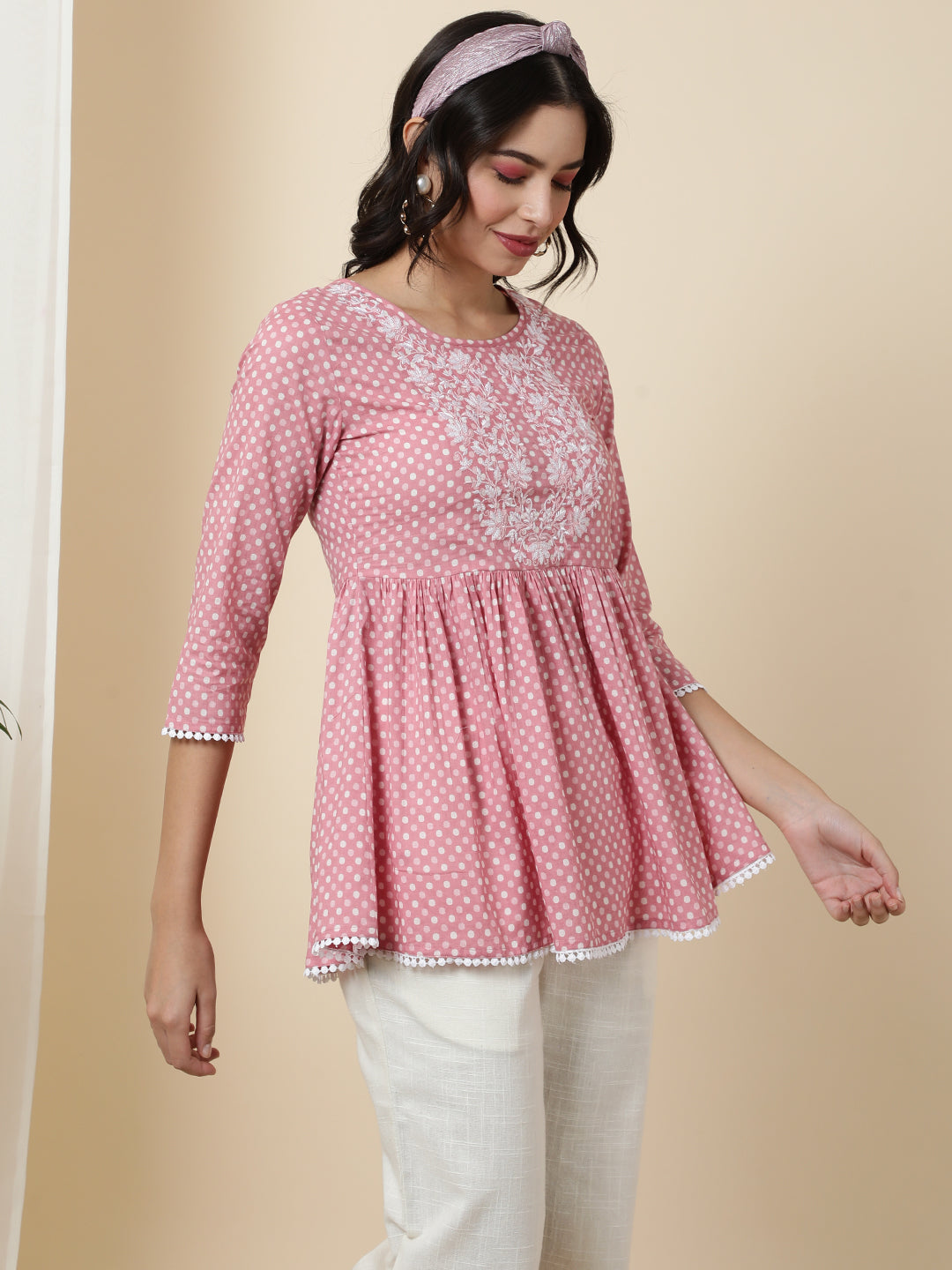 Cotton  Short Length Length Printed  3/4 Sleeve Round  Top