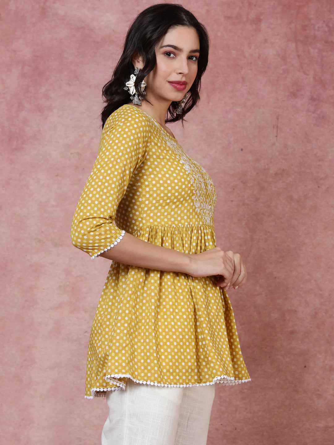 Cotton  Short Length Length Printed  3/4 Sleeve Round  Top