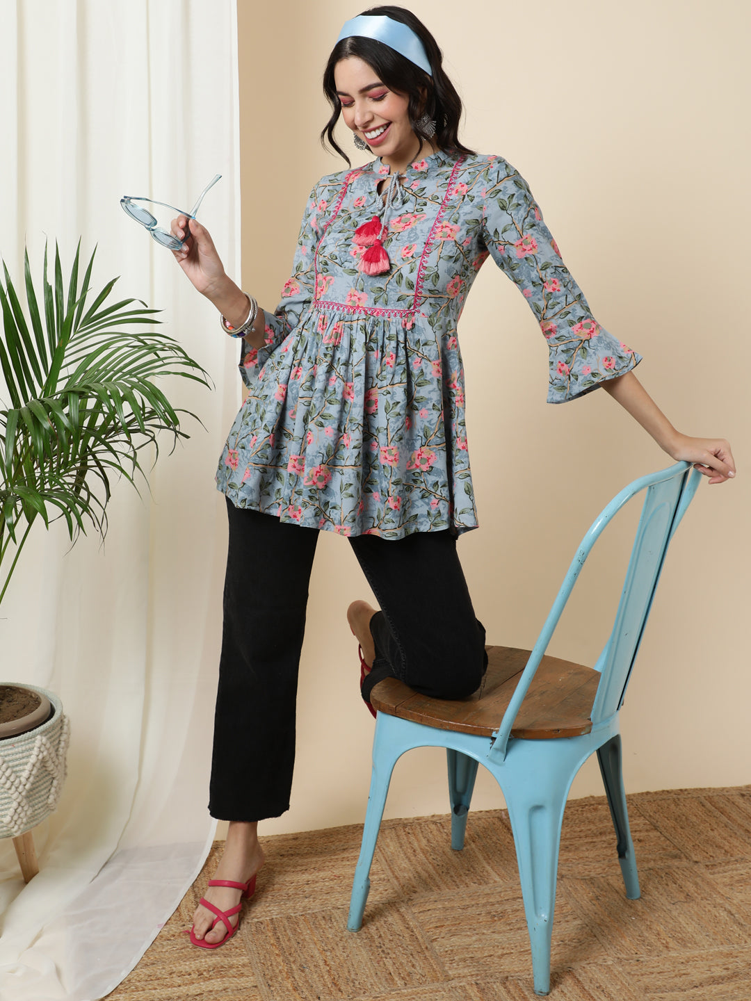 Rayon  Short Length Length Printed  3/4 Sleeve Mandarin  Top