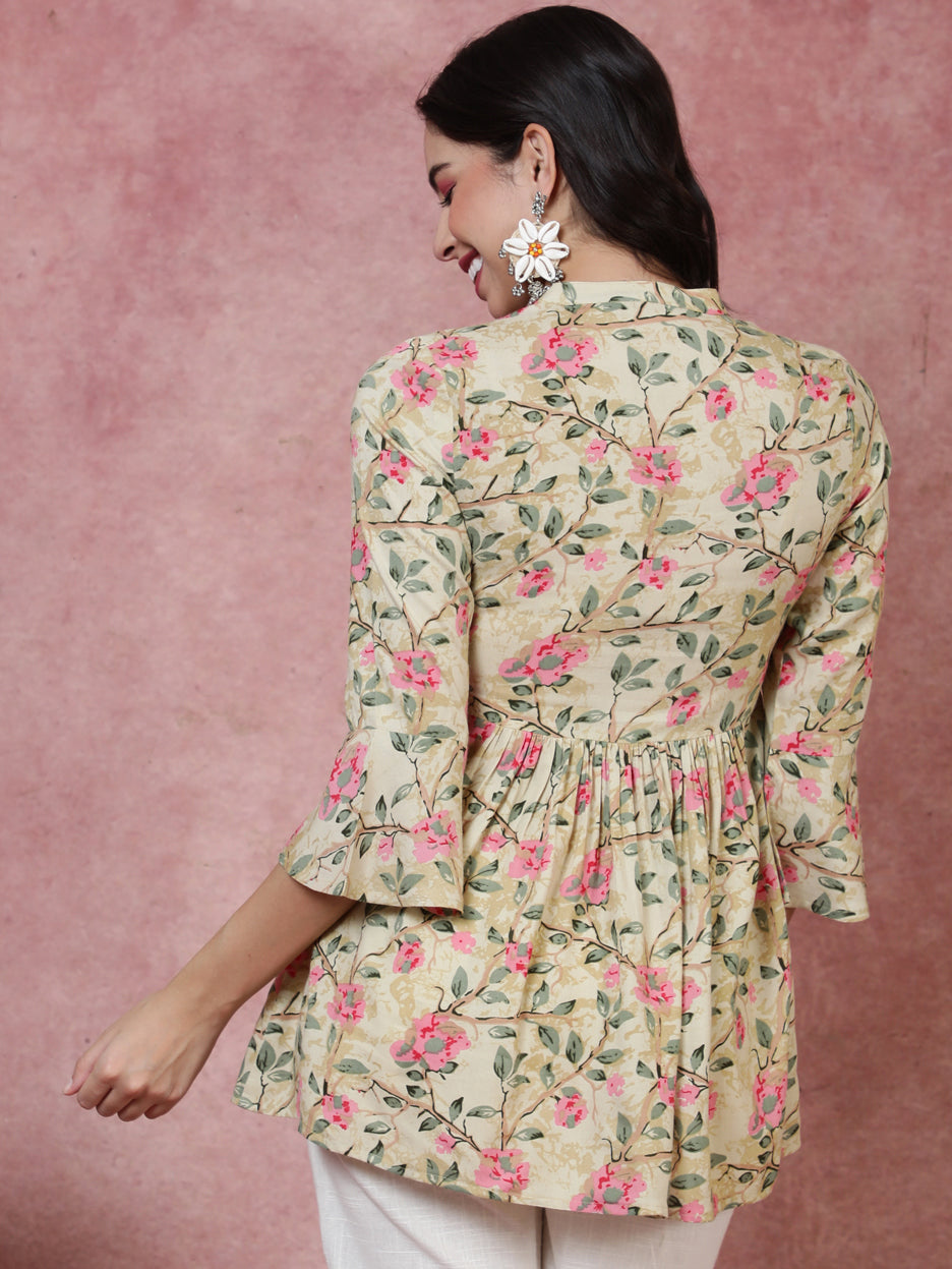 Rayon  Short Length Length Printed  3/4 Sleeve Mandarin  Top