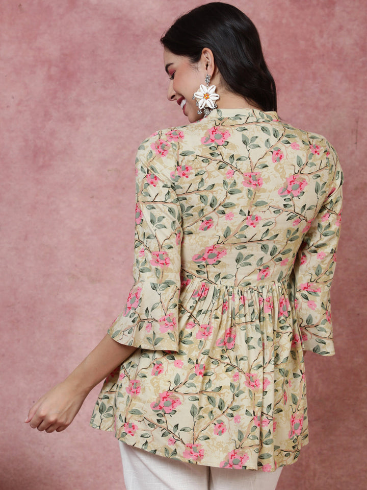Rayon  Short Length Length Printed  3/4 Sleeve Mandarin  Top