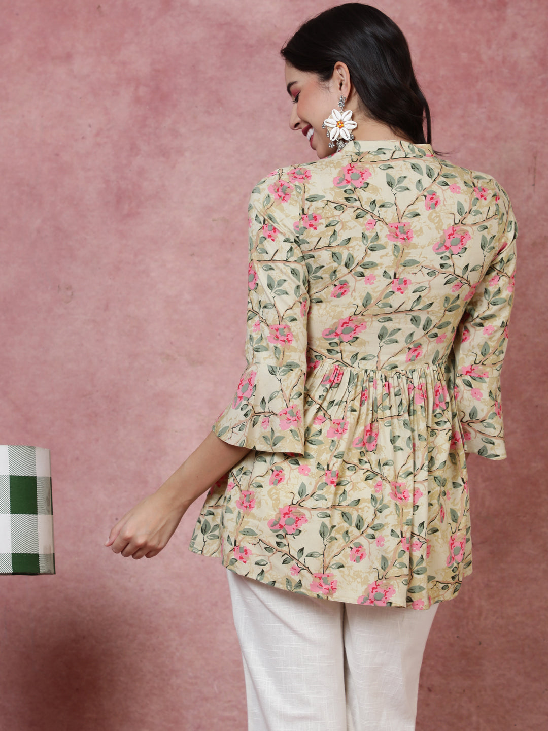 Rayon  Short Length Length Printed  3/4 Sleeve Mandarin  Top