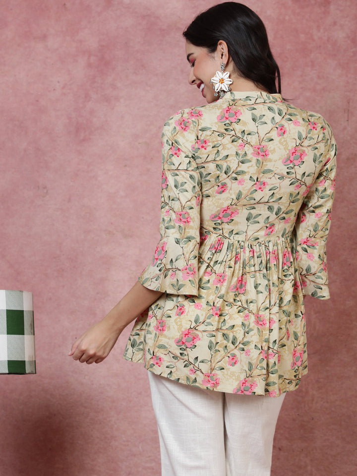 Rayon  Short Length Length Printed  3/4 Sleeve Mandarin  Top