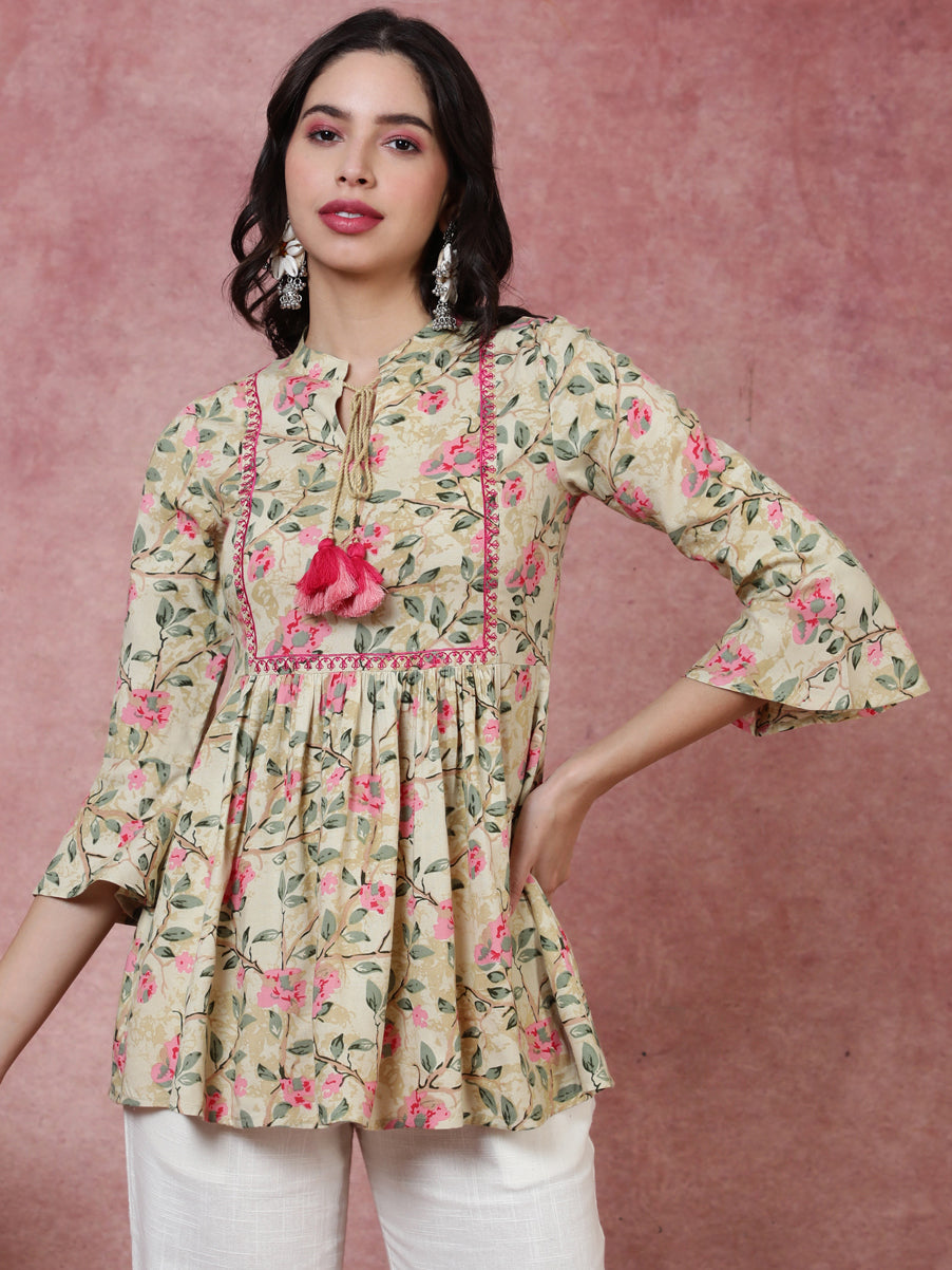 Rayon  Short Length Length Printed  3/4 Sleeve Mandarin  Top