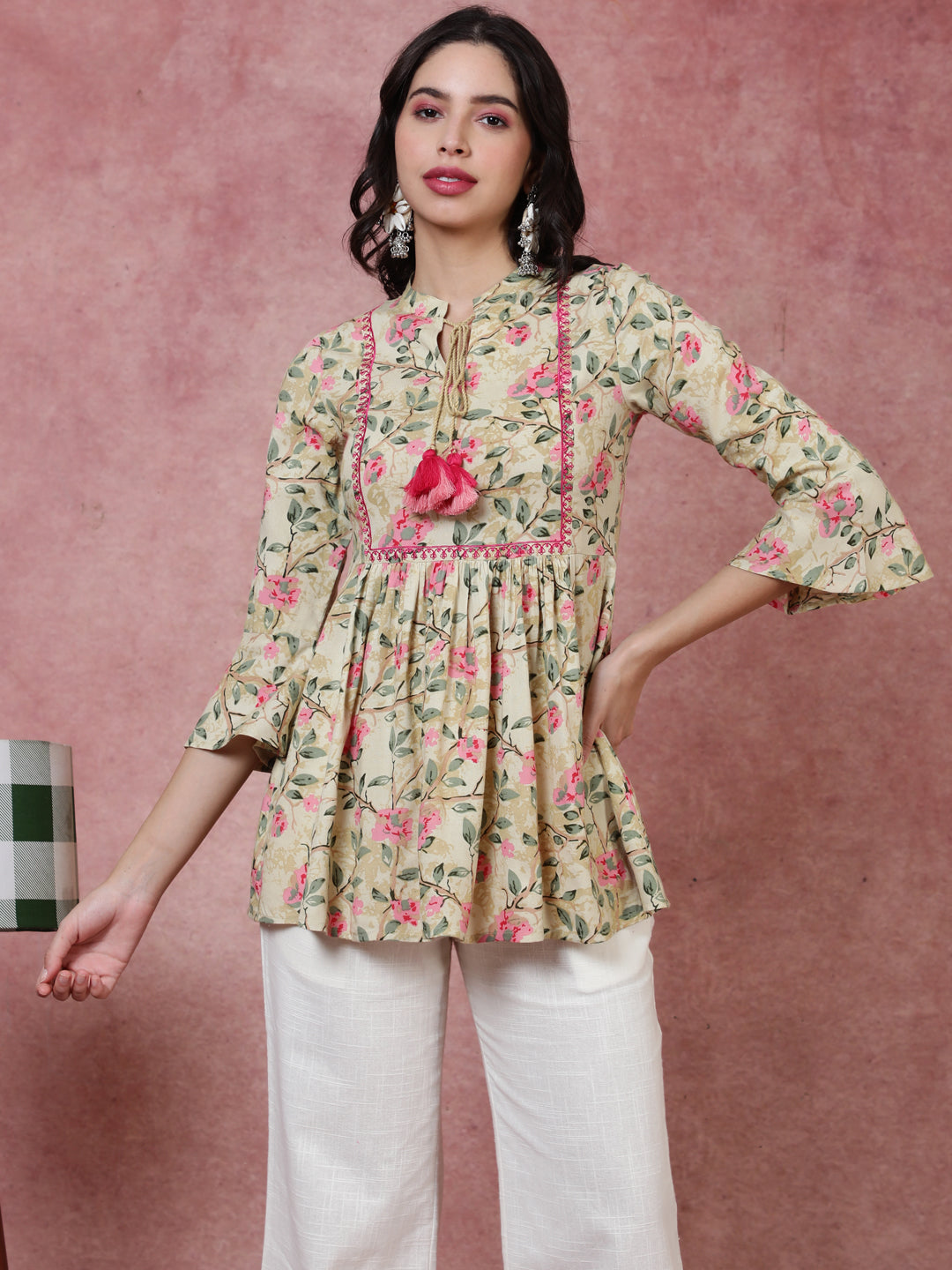 Rayon  Short Length Length Printed  3/4 Sleeve Mandarin  Top