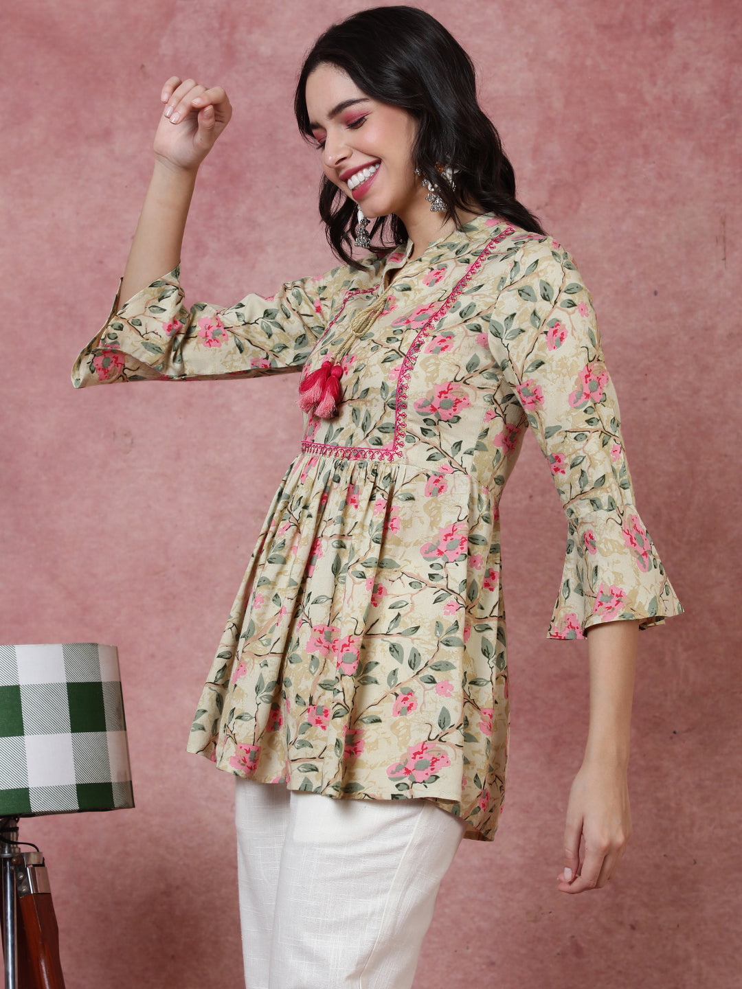 Rayon  Short Length Length Printed  3/4 Sleeve Mandarin  Top