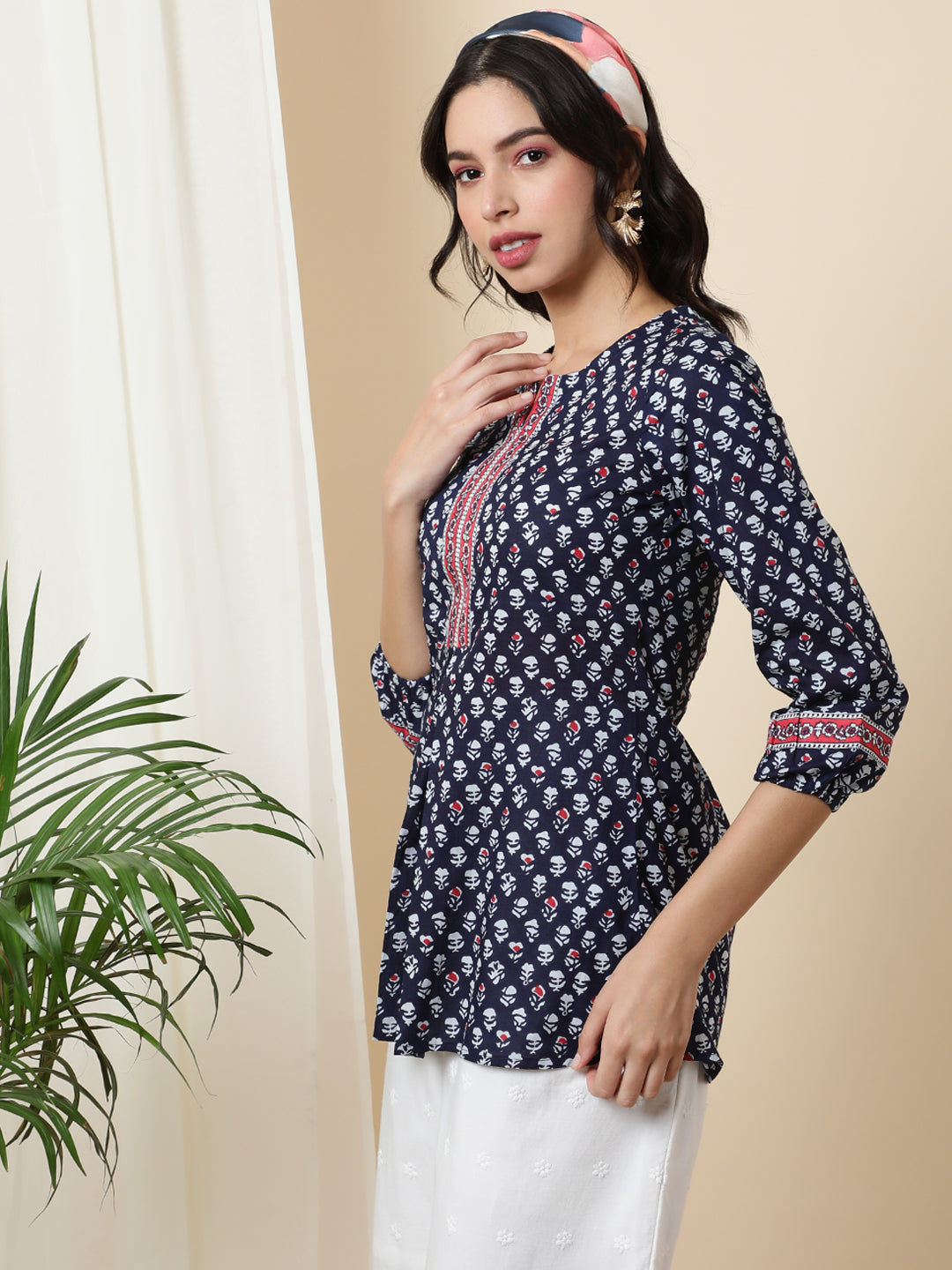 Cotton  Short Length Length Printed  3/4 Sleeve Mandarin  Top