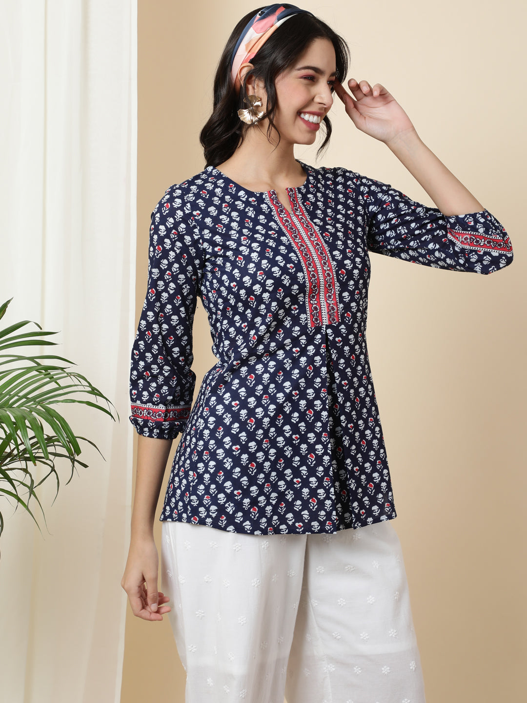 Cotton  Short Length Length Printed  3/4 Sleeve Mandarin  Top