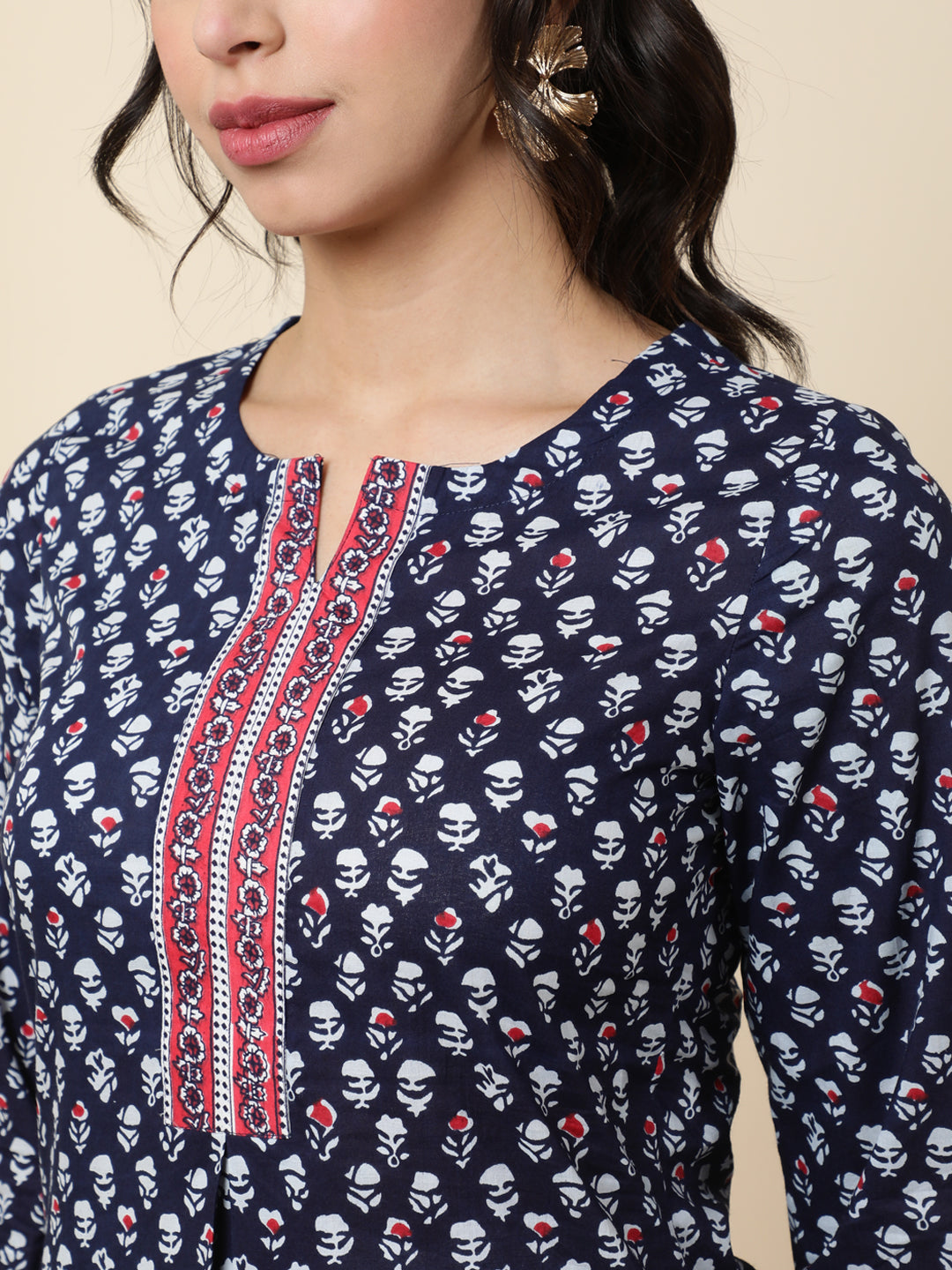 Cotton  Short Length Length Printed  3/4 Sleeve Mandarin  Top