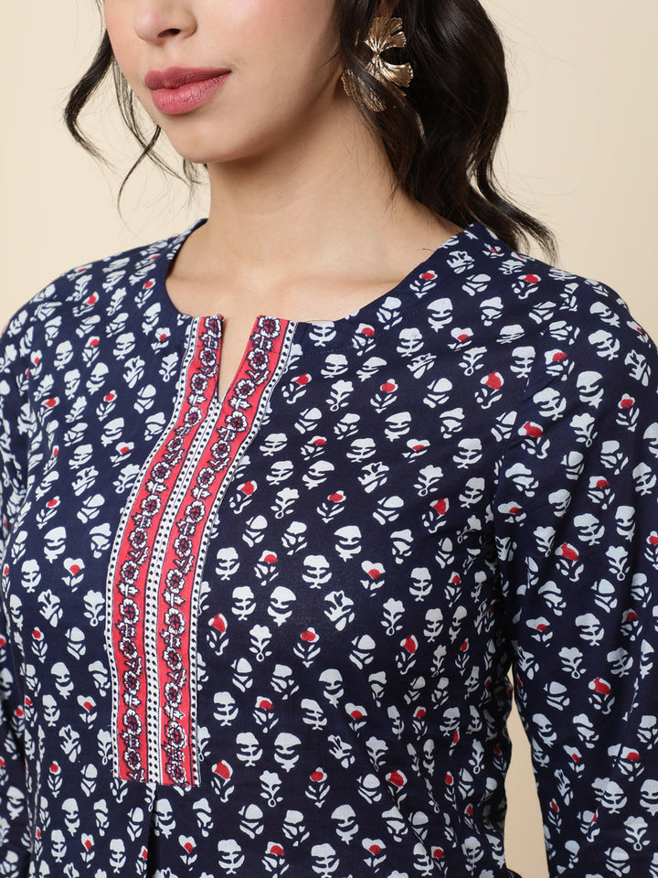Cotton  Short Length Length Printed  3/4 Sleeve Mandarin  Top