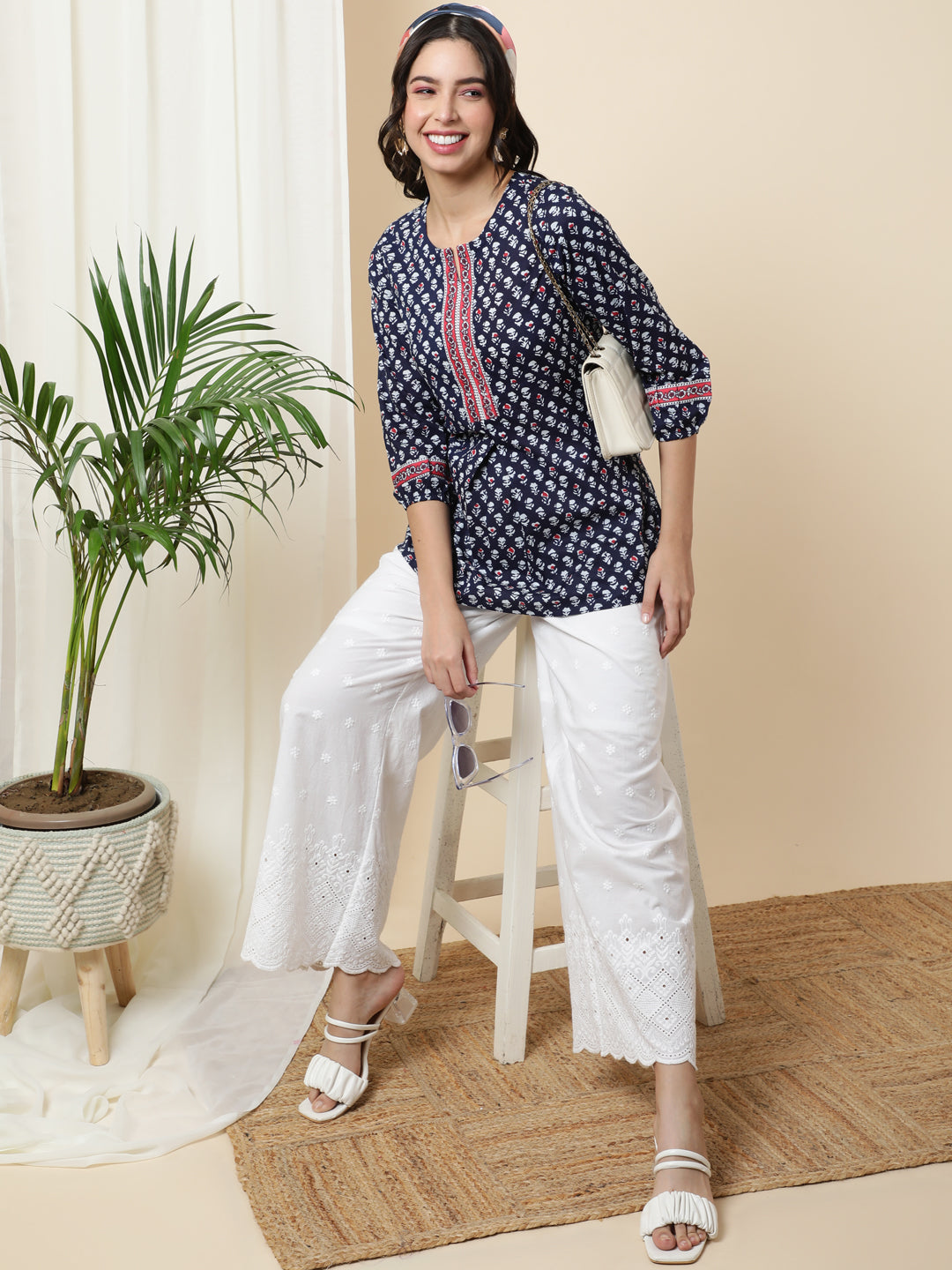 Cotton  Short Length Length Printed  3/4 Sleeve Mandarin  Top