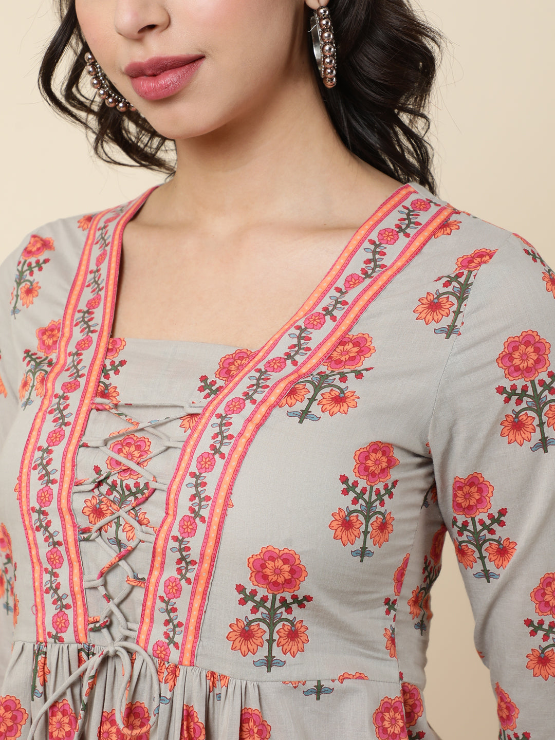 Cotton  Short Length Length Printed  3/4 Sleeve Square  Top