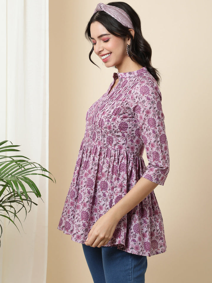 Cotton  Short Length Length Printed  3/4 Sleeve Coller  Top