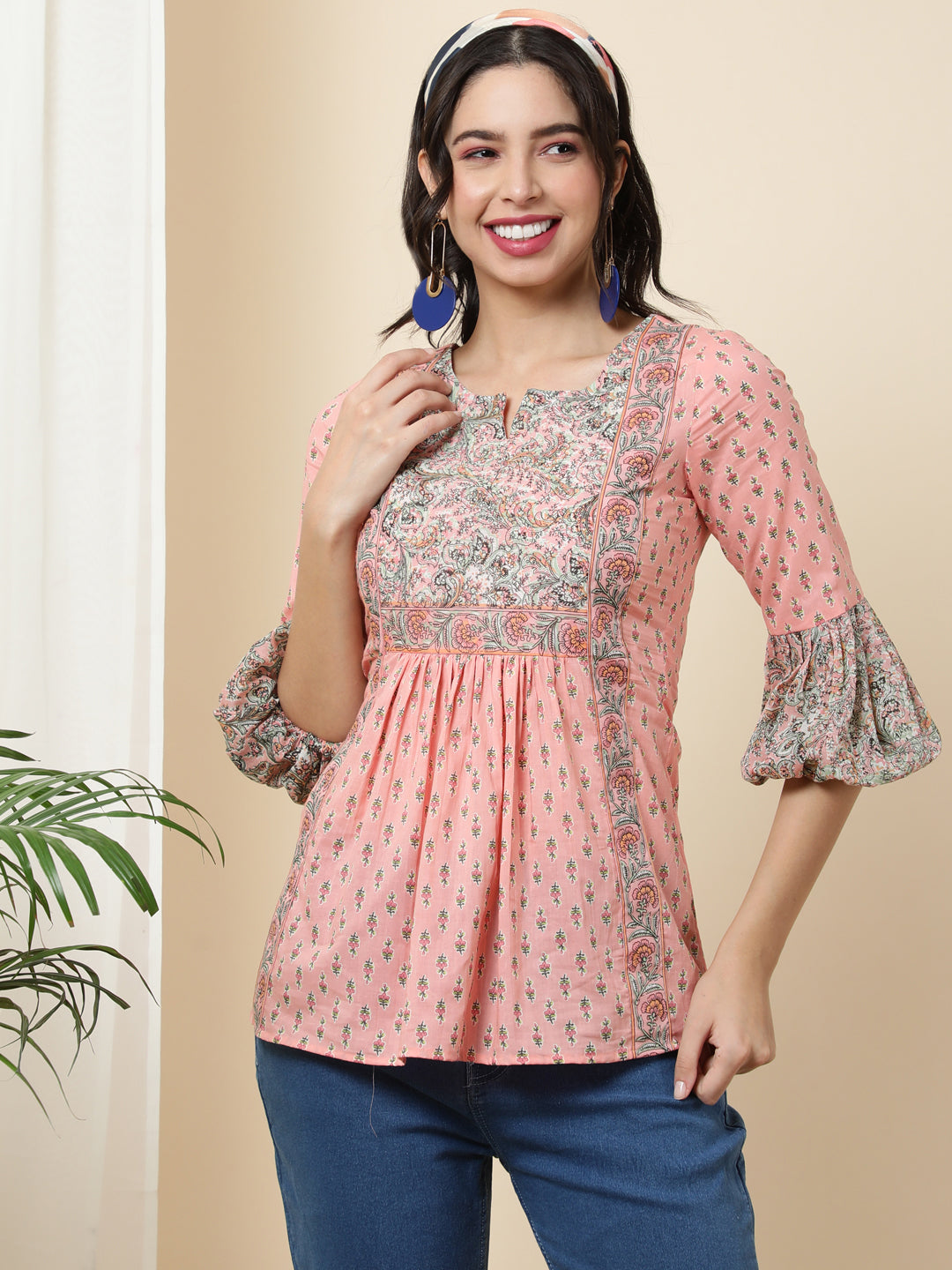 Cotton  Short Length Length Printed  3/4 Sleeve Square  Top