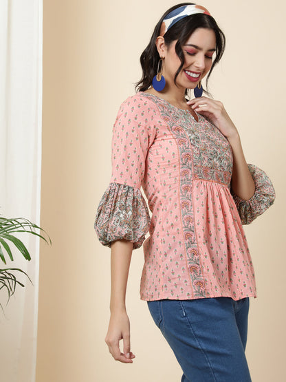 Cotton  Short Length Length Printed  3/4 Sleeve Square  Top
