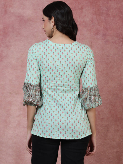 Cotton  Short Length Length Printed  3/4 Sleeve Square  Top
