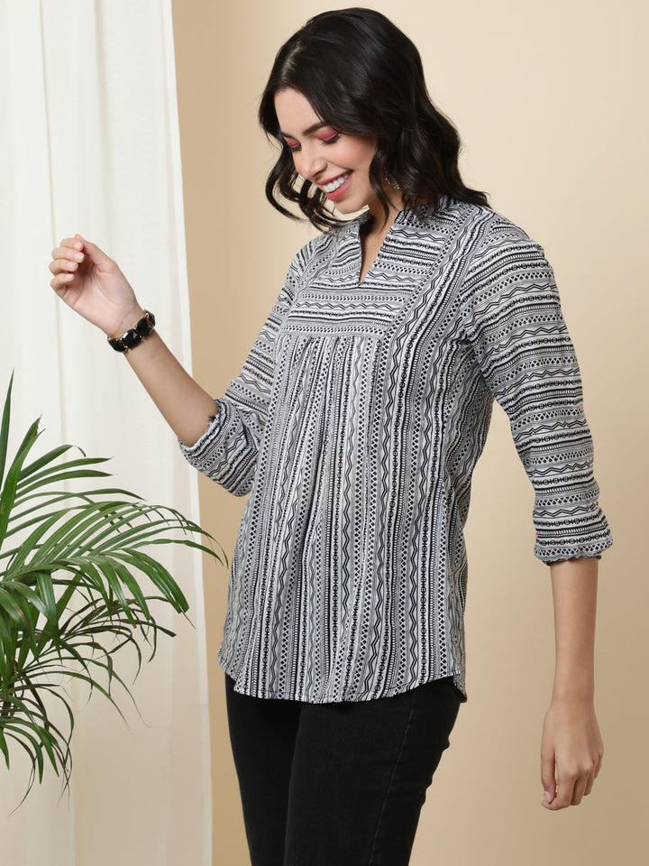 Rayon  Short Length Length Printed  3/4 Sleeve Mandarin  Top