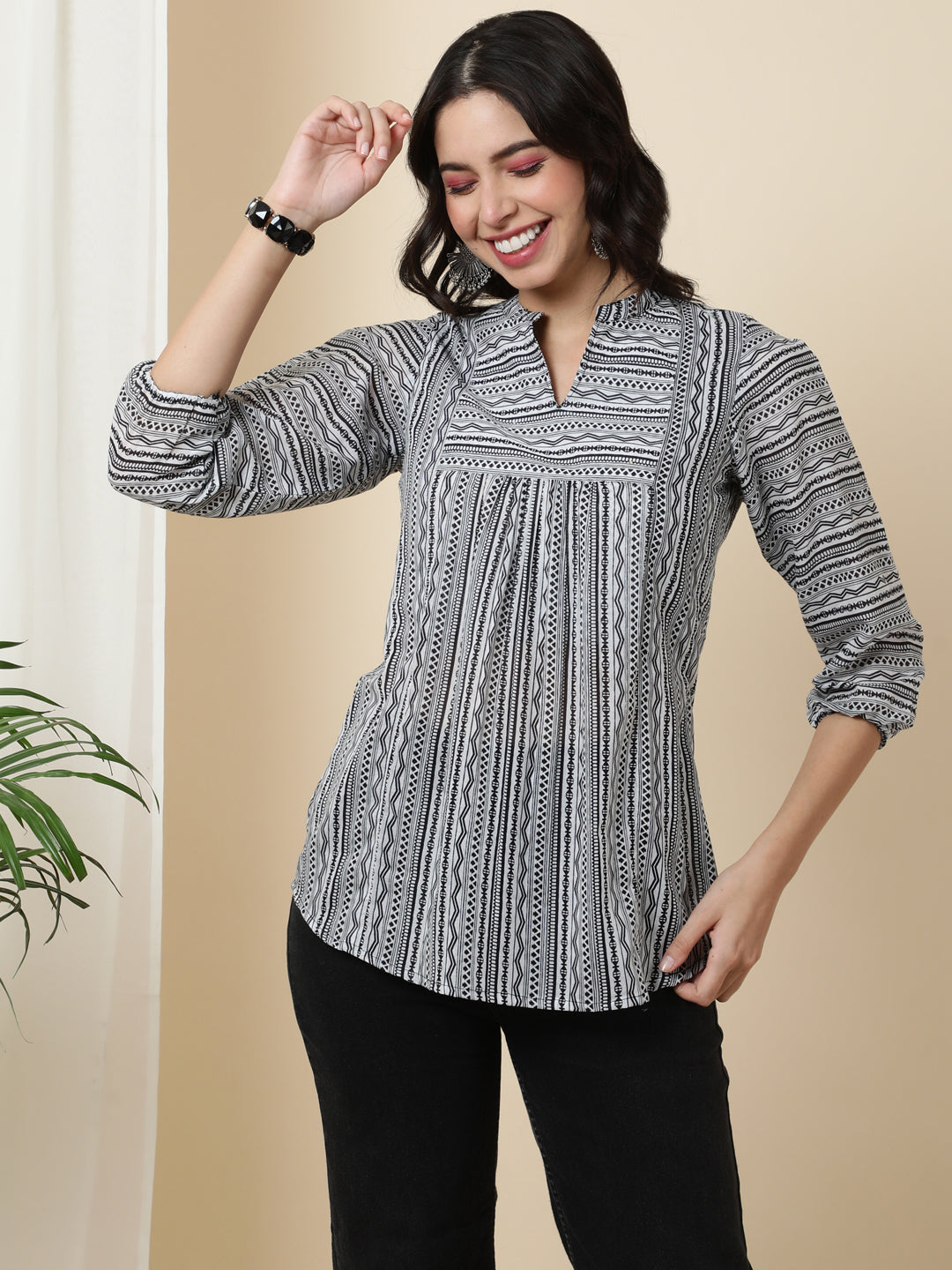 Rayon  Short Length Length Printed  3/4 Sleeve Mandarin  Top