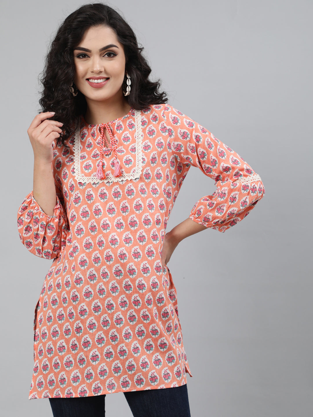 Cotton Printed 3/4 Sleeve Straight Round Neck Tunic