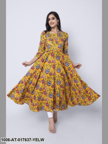 Cotton Printed Yellow Flared Kurta