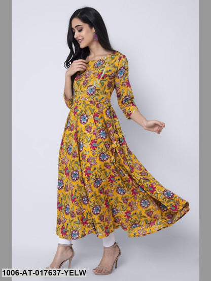 Cotton Printed Yellow Flared Kurta