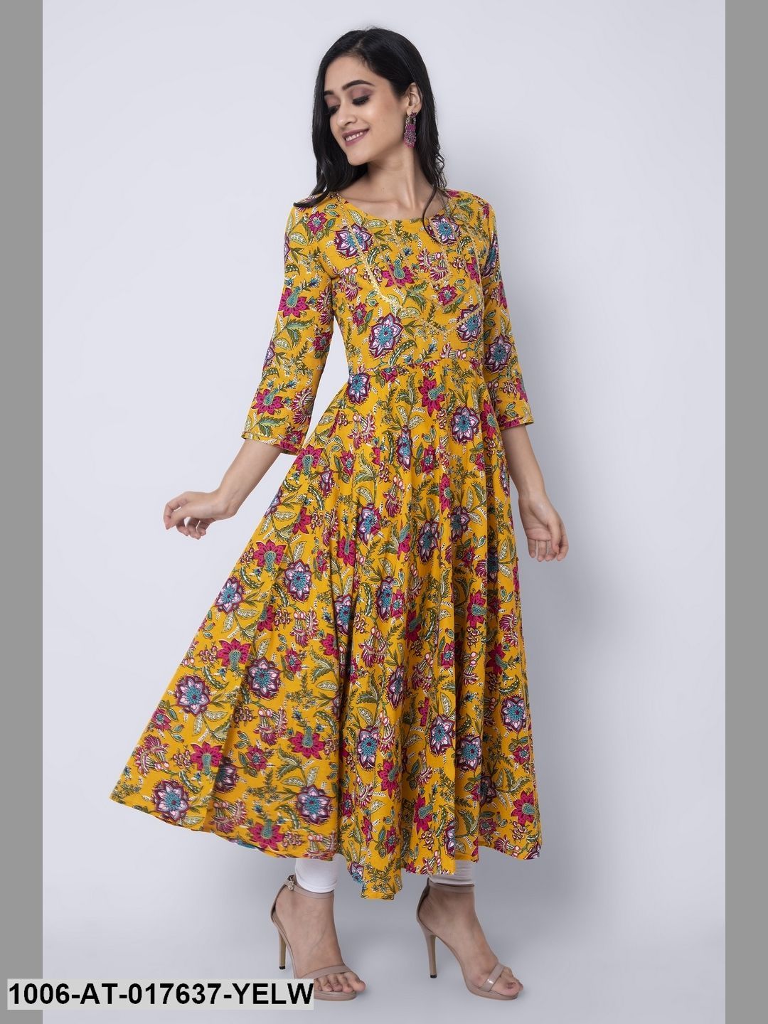 Cotton Printed Yellow Flared Kurta