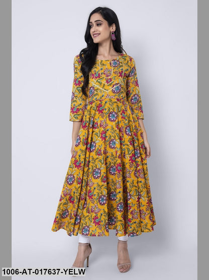 Cotton Printed Yellow Flared Kurta
