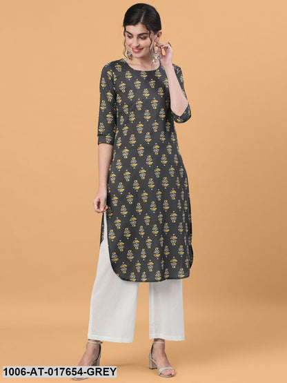 Printed Straight Calf Length 3/4 Sleeve Round Neck Cotton Kurta