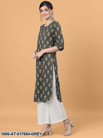 Printed Straight Calf Length 3/4 Sleeve Round Neck Cotton Kurta