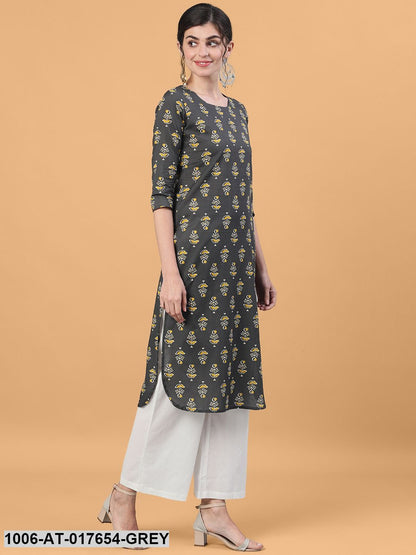 Printed Straight Calf Length 3/4 Sleeve Round Neck Cotton Kurta