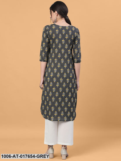 Printed Straight Calf Length 3/4 Sleeve Round Neck Cotton Kurta