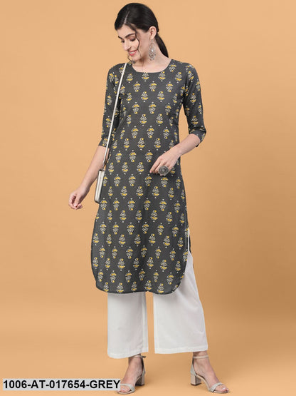 Printed Straight Calf Length 3/4 Sleeve Round Neck Cotton Kurta