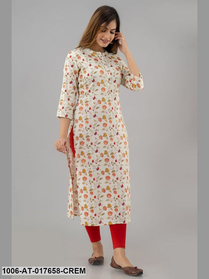 Printed Straight Calf Length 3/4 Sleeve Collor Neck Rayon Kurta