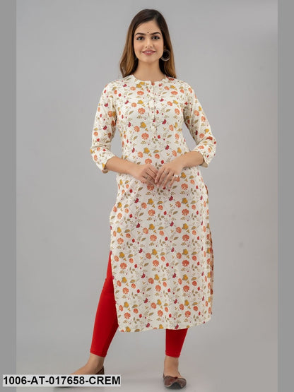 Printed Straight Calf Length 3/4 Sleeve Collor Neck Rayon Kurta