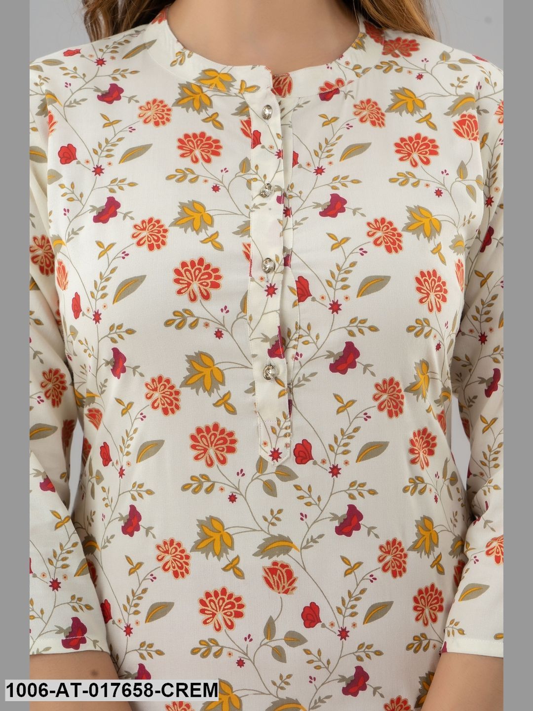 Printed Straight Calf Length 3/4 Sleeve Collor Neck Rayon Kurta