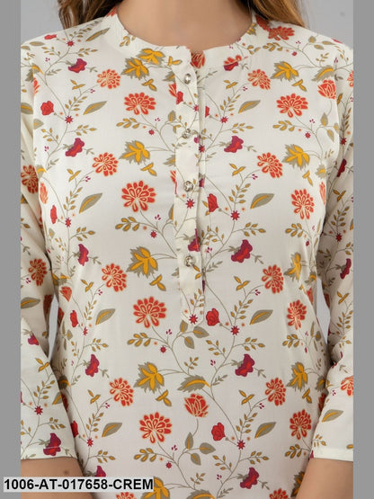 Printed Straight Calf Length 3/4 Sleeve Collor Neck Rayon Kurta