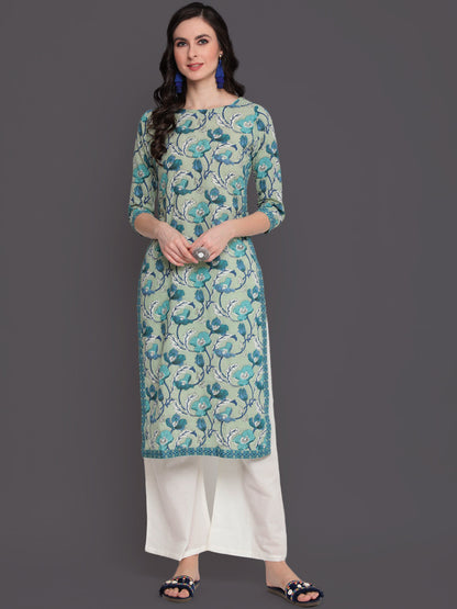 Printed Straight Calf Length 3/4 Sleeves Round Neck Cotton Kurta
