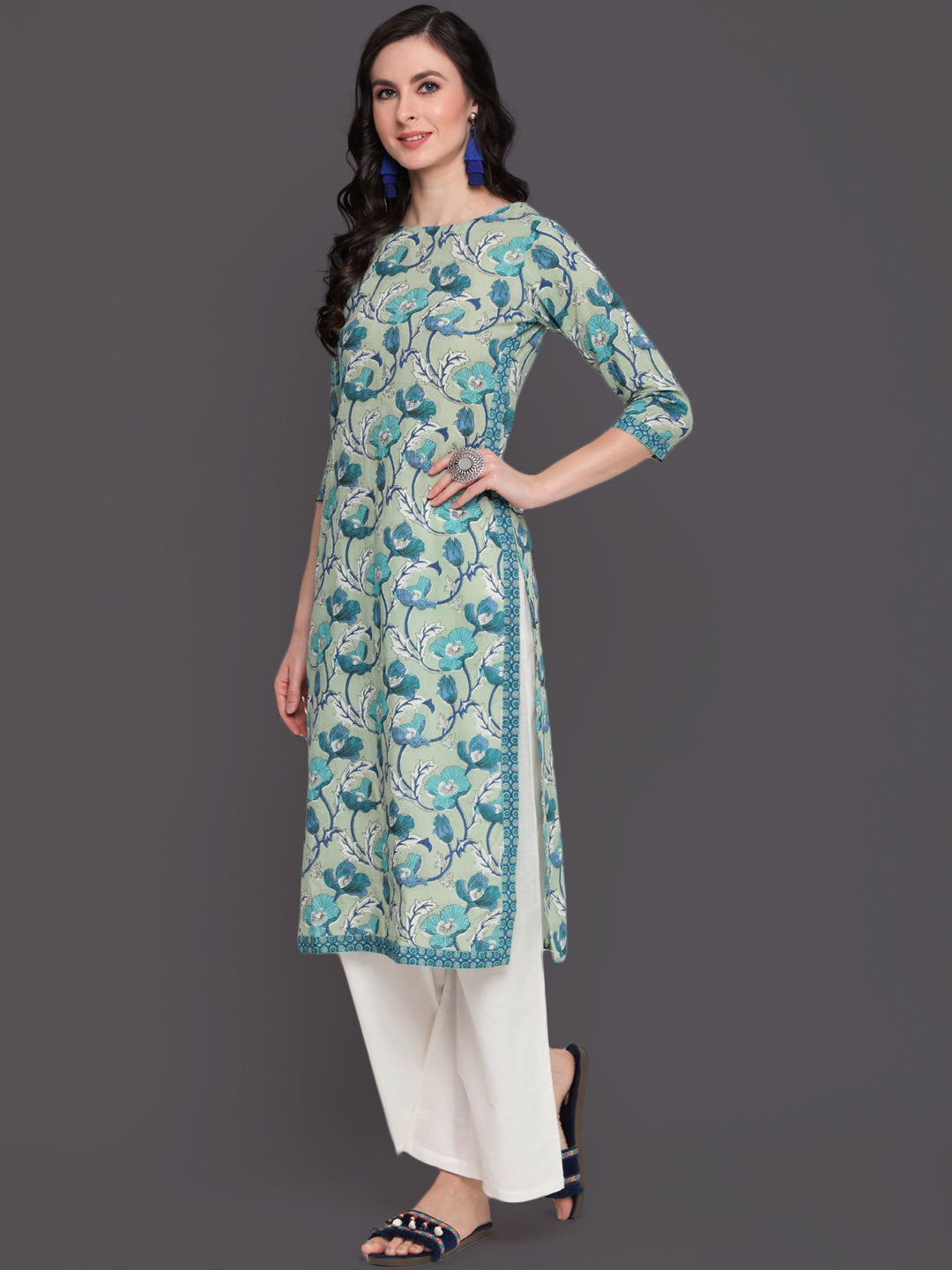 Printed Straight Calf Length 3/4 Sleeves Round Neck Cotton Kurta