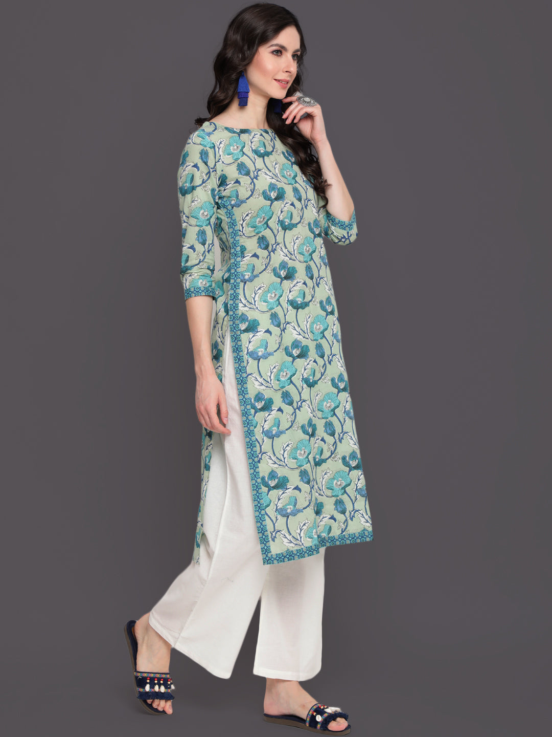 Printed Straight Calf Length 3/4 Sleeves Round Neck Cotton Kurta