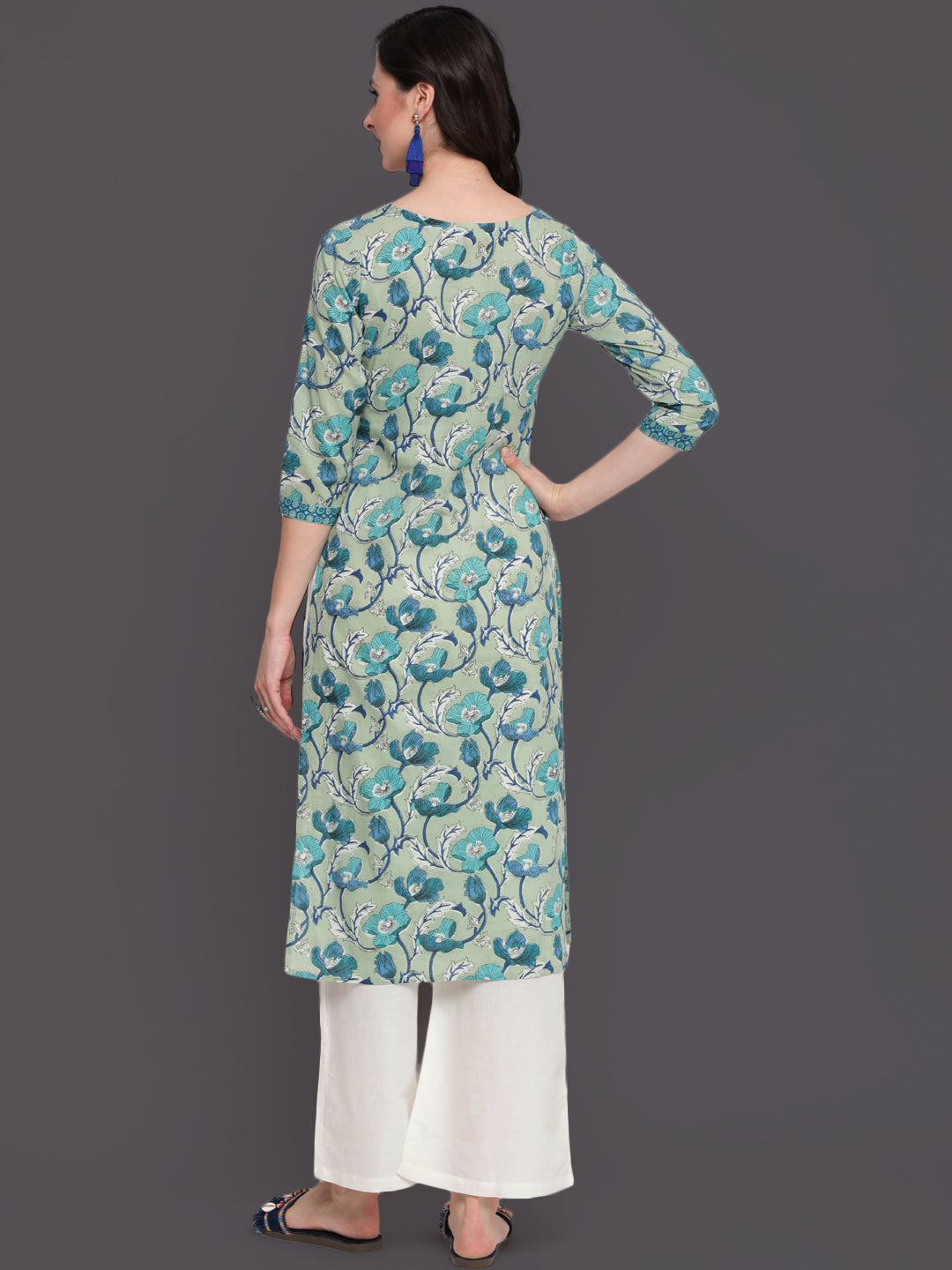 Printed Straight Calf Length 3/4 Sleeves Round Neck Cotton Kurta
