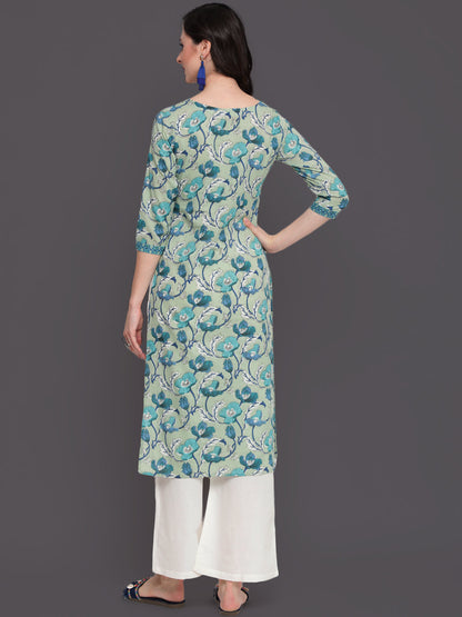 Printed Straight Calf Length 3/4 Sleeves Round Neck Cotton Kurta