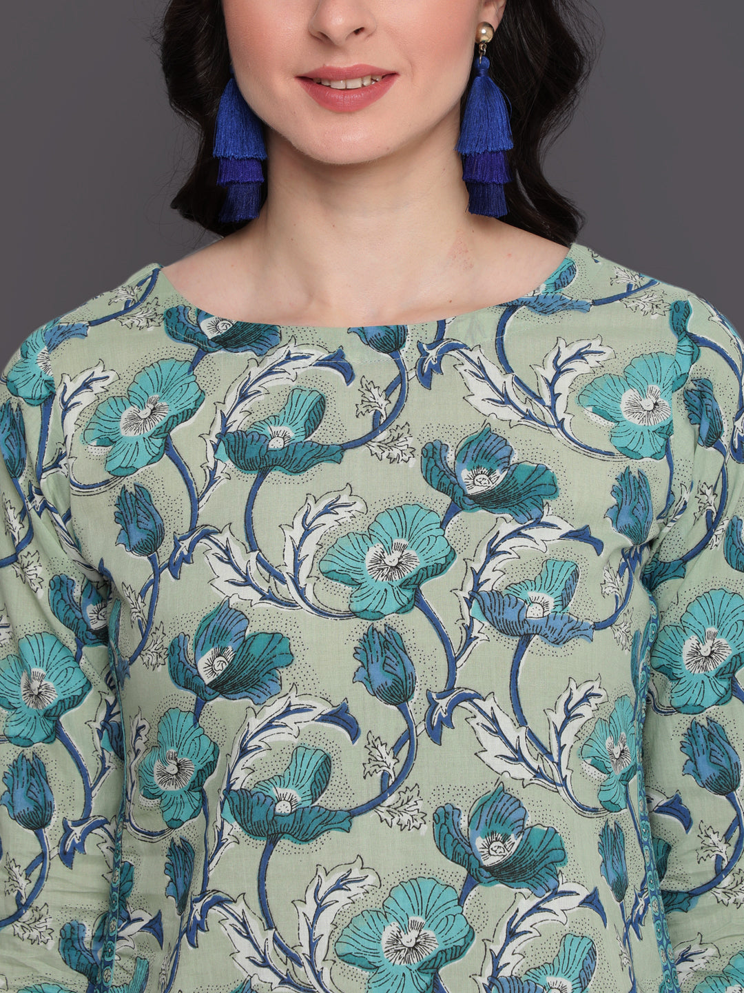 Printed Straight Calf Length 3/4 Sleeves Round Neck Cotton Kurta